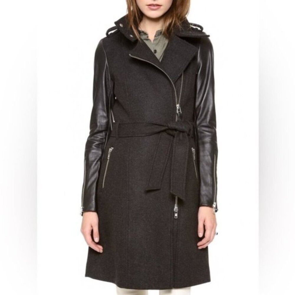 Aritzia Mackage Dale Wool Trench Coat Asymmetrical Leather Sleeves Black XXS